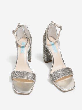 Betsey Johnson Rina Silver Rhinestone Block Heel Sandals